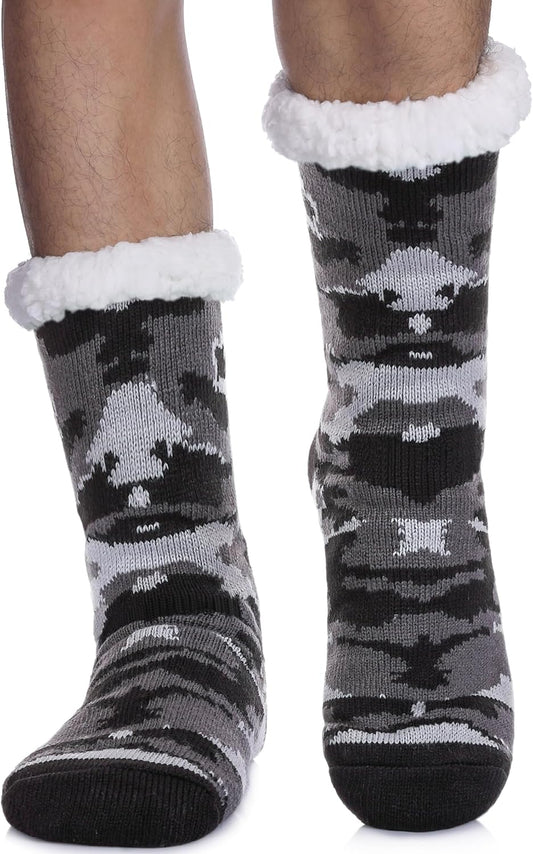 Men'S Fuzzy Ripple Slipper Socks Super Soft Warm Fleece Lining Knit Non Slip Winter Socks